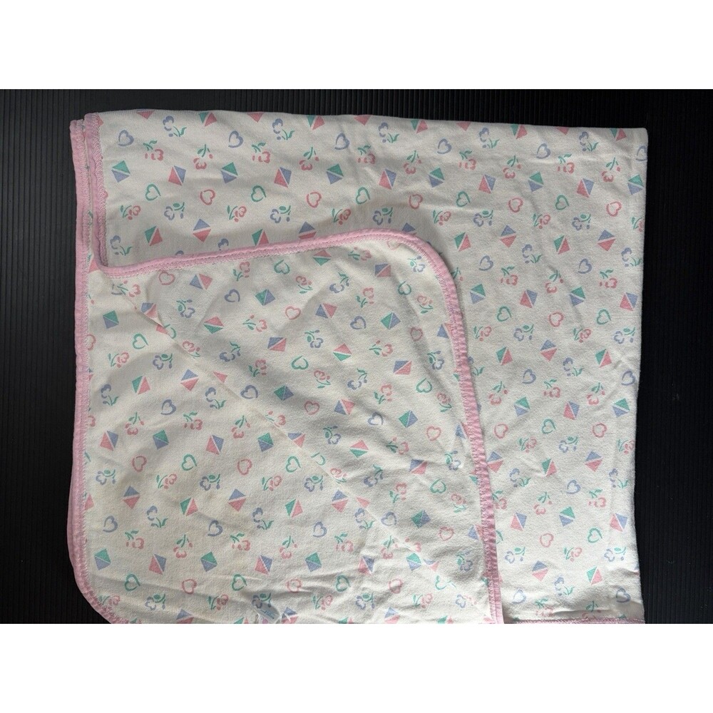 Tykes Vtg Hearts & Flowers White Pastel Made USA Cotton 29X32"  Baby Blanket